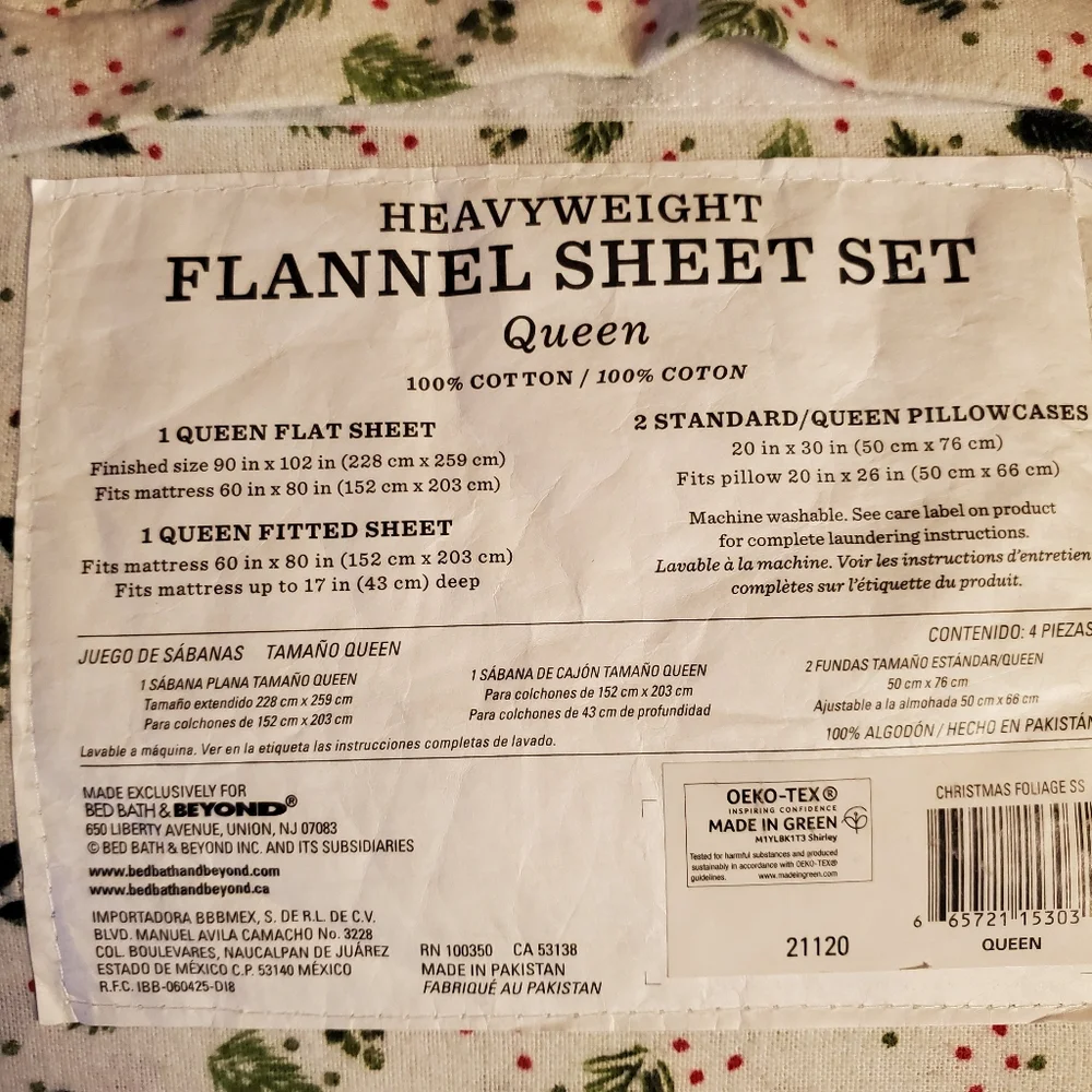 Bee & Willow Heavyweight Cotton Flannel Queen Sheet Set Christmas Foliage NEW